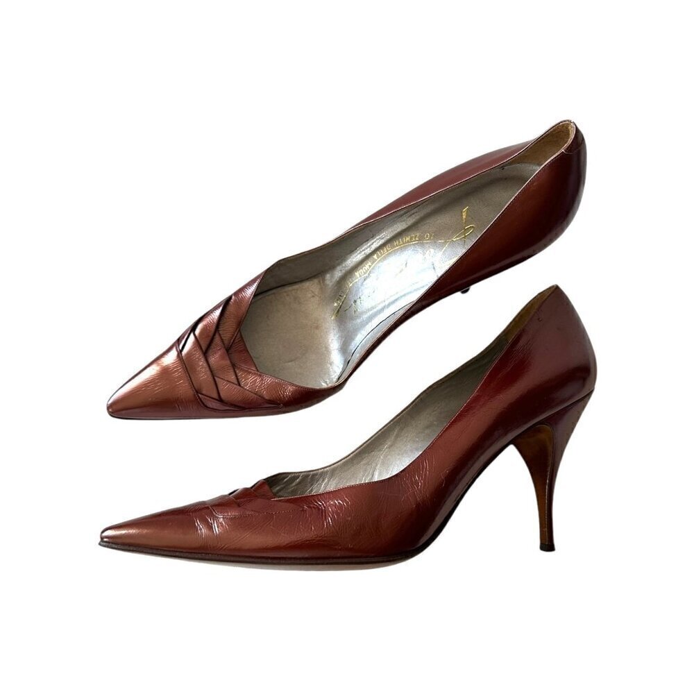 Vintage Pointed Toe Pumps In Pearlized Leather, Rust, Size 39eu